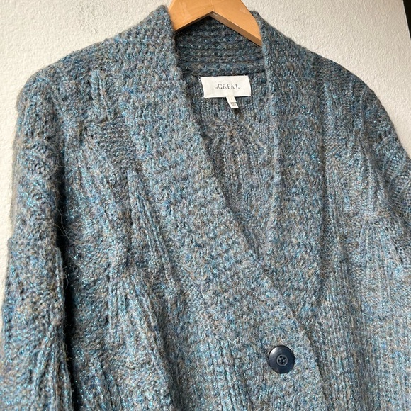 The GREAT. The Frond Montana Cardigan Green Pine Needle Shimmer oversized Sz S - Picture 5 of 15